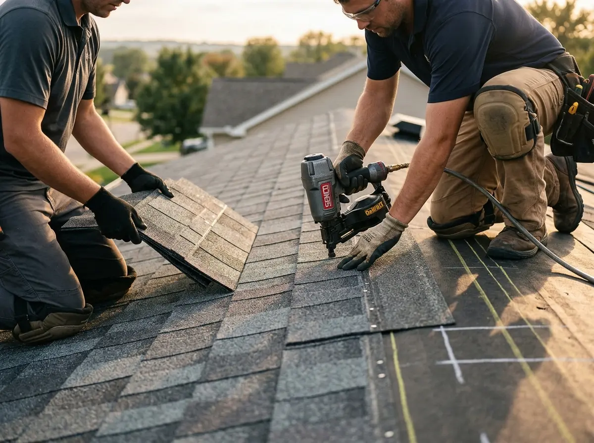 Professional roofer working on a residential roof in Babylon